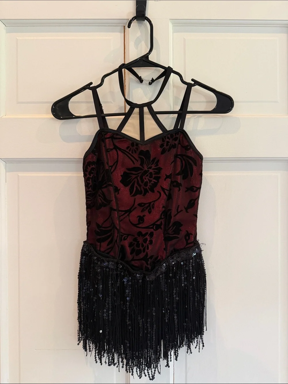 Girls Burgundy and Black Floral Dance Costume with Fringe